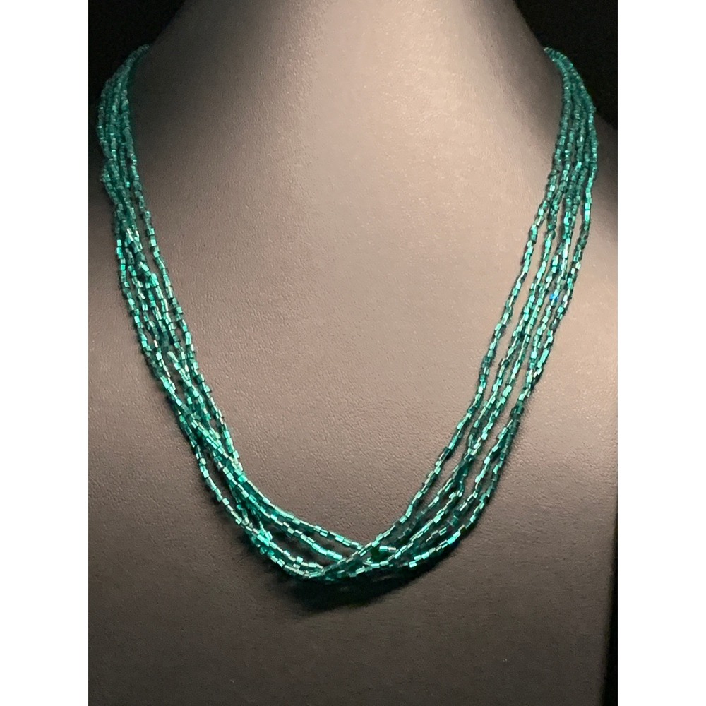 Teal Green Glass Bugle Bead Multi Strand Necklace Beaded Toggle 18 Inch Boho